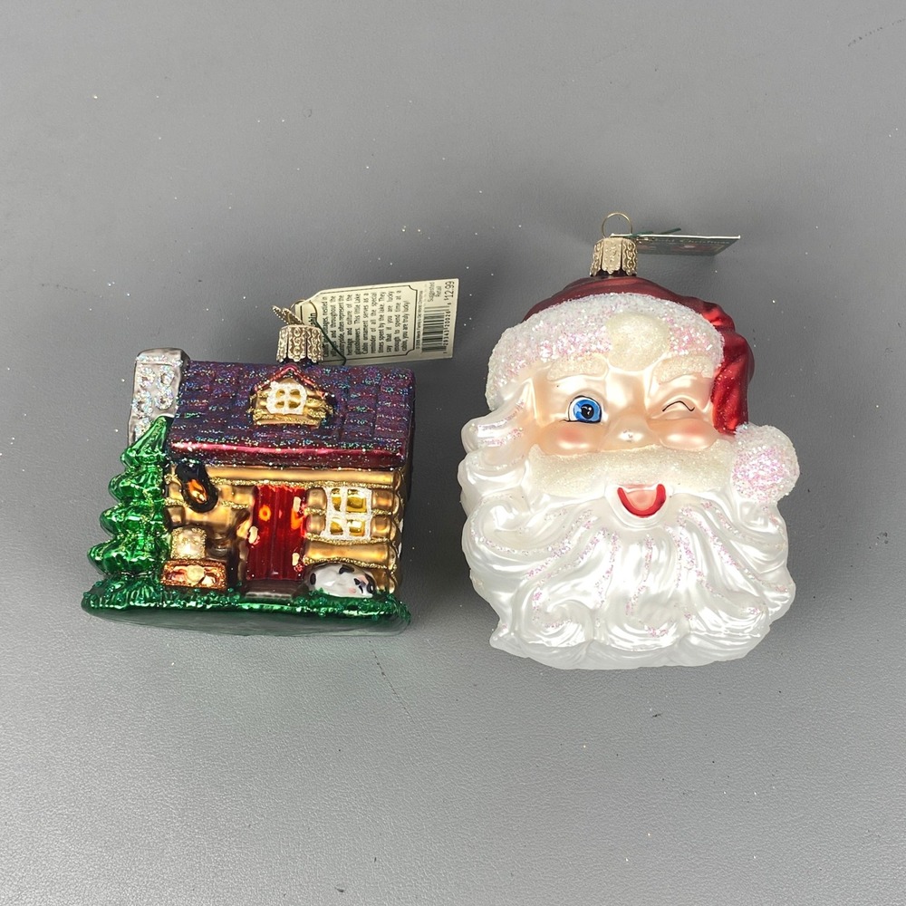 Old World Christmas Glass Holiday Ornaments Set Lake Cabin & Winking Santa Claus